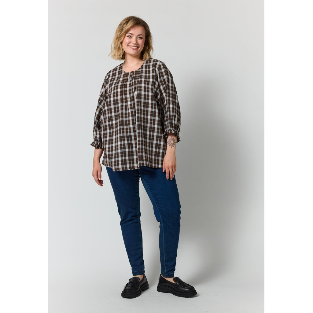 Gozzip Woman GIben Blouse Blouse Brown check with light blue stripe